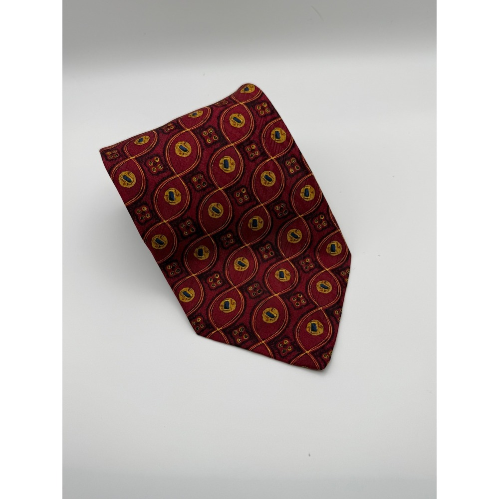 Robert Talbott Silk Tie 3.75" Burgundy Red Gold Geometric Medallion Classic Prep